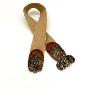 Vintage Omega Elastic Stretch Belt With Ornate Brass Tone Buckle & Leather Trim